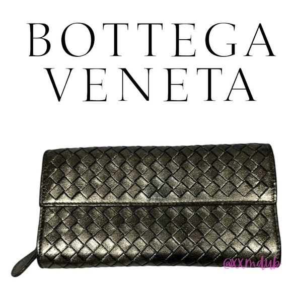 🖤 Bottega Veneta Intrecciato Leather Flap Top Snap Continental Wallet Metallic - Picture 1 of 14